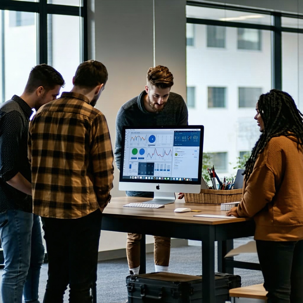 people gathered around a desk looking at a computre screen-1