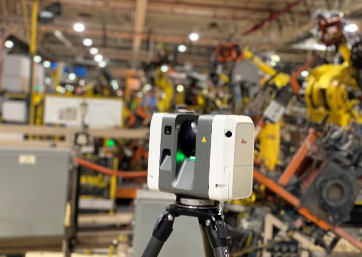 An RTC 360 laser scanner that captures data points into point clouds.