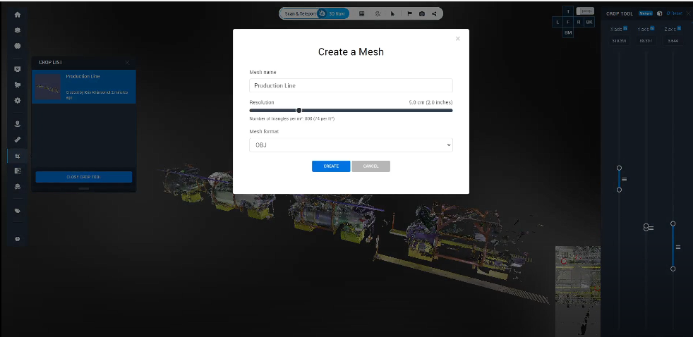 Laser scans are converted into meshes, allowing for a high-resolution and accurate, real-time simulation of the factory floor.